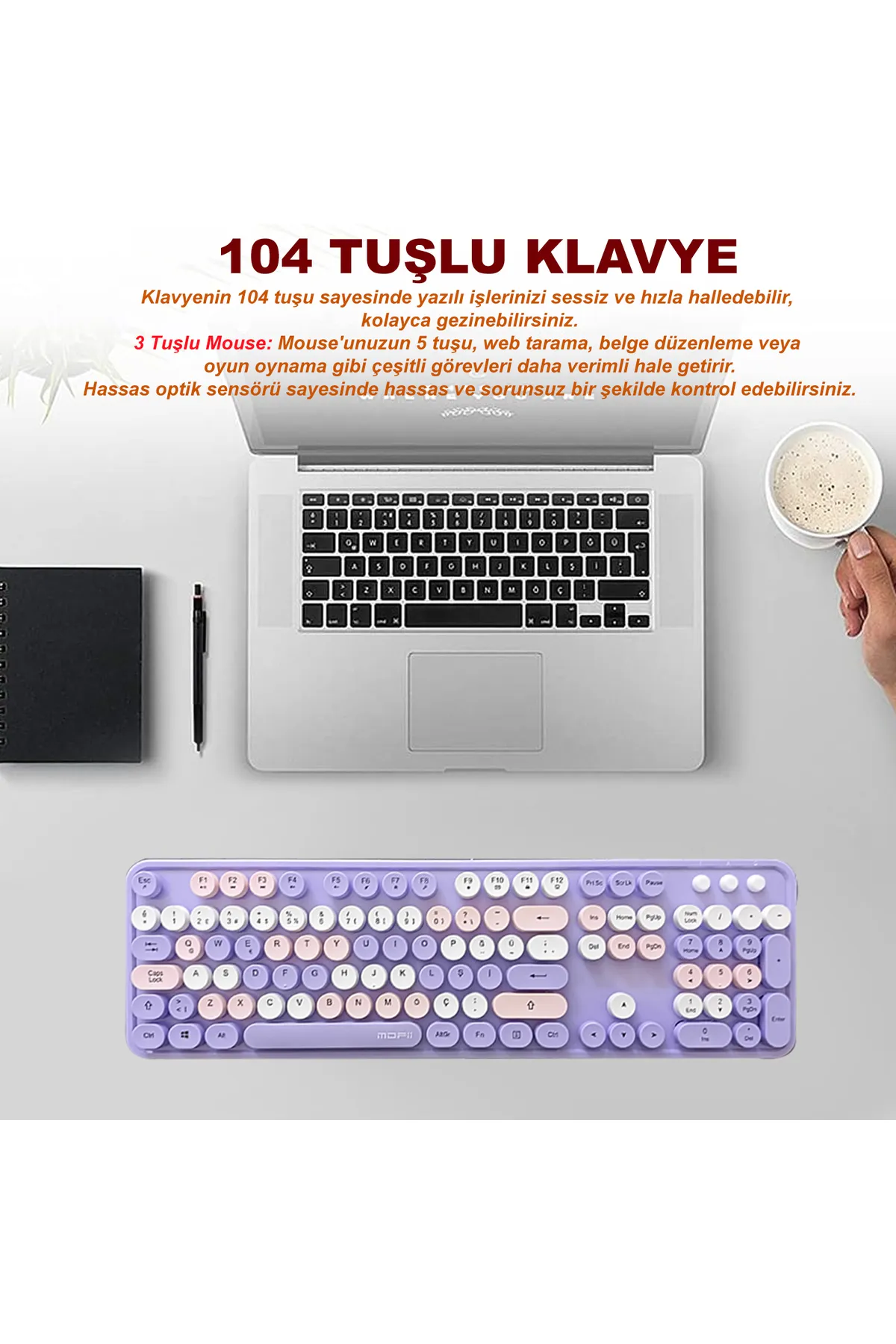 Bilişim Burada  Mofii Sweet Serisi Retro Yuvarlak Tuşlu Mor Kablosuz Klavye Mouse Set Türkçe